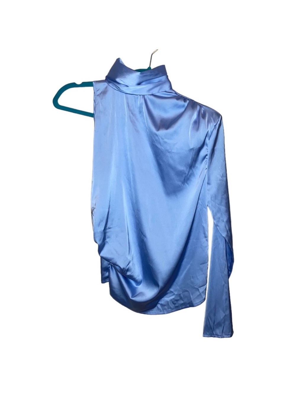 Shein Blue One Sleeve Satin Ruched Side Blouse
